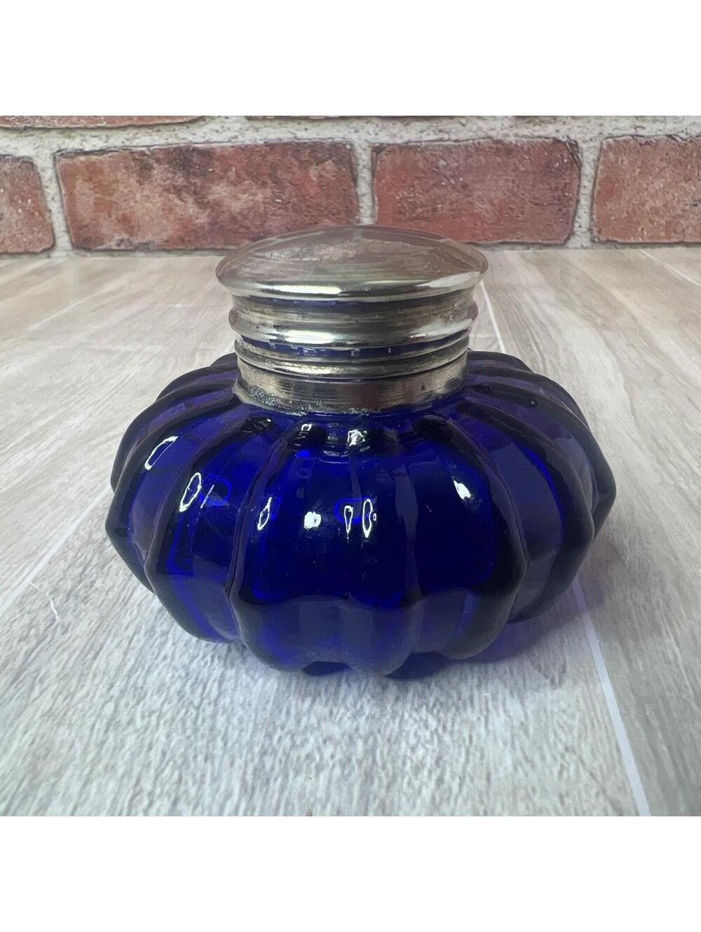 Vintage Cobalt Blue Glass Inkwell Ribbed Ink Well Desk Ornate Silver Made India